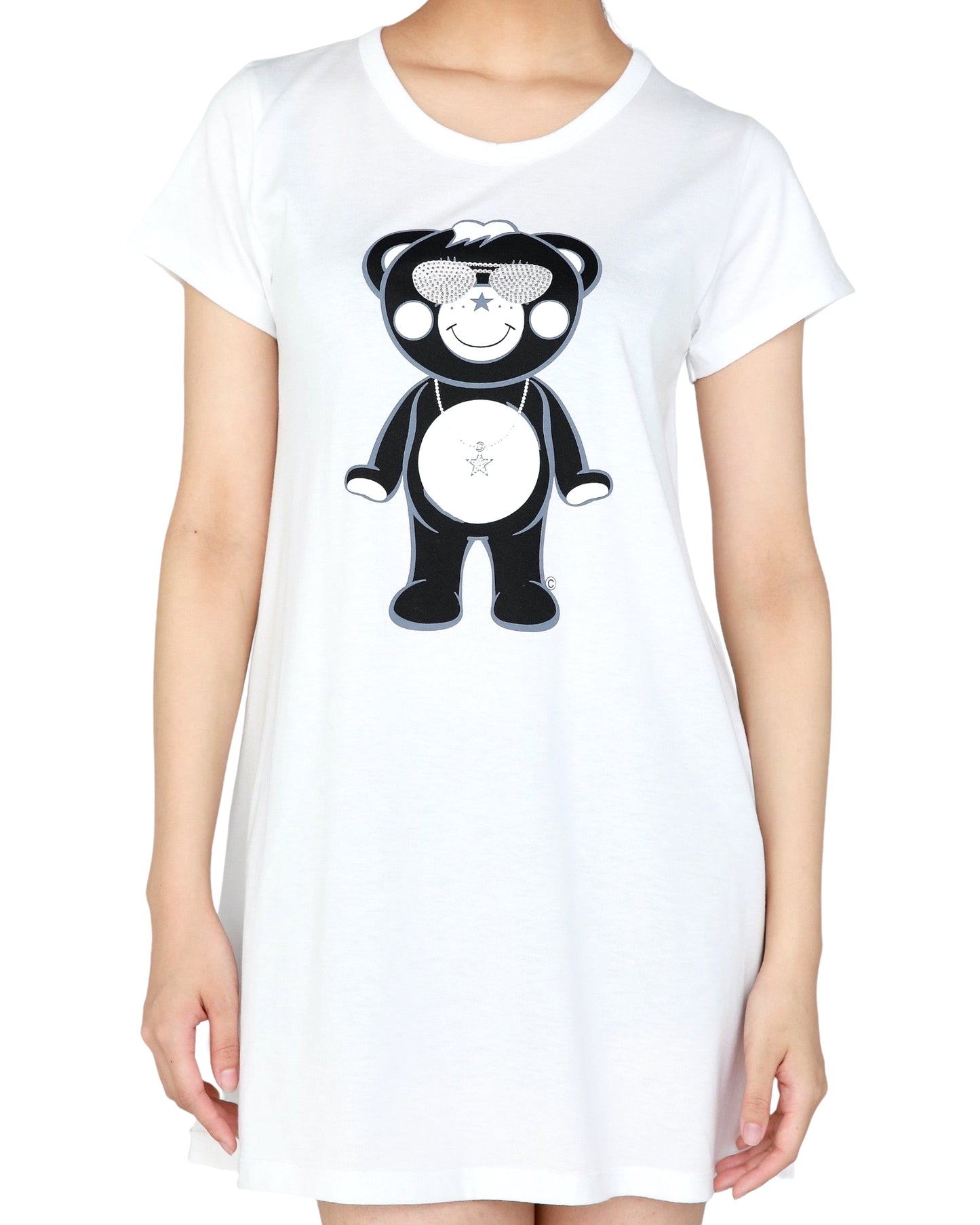 スワロフスキーチャッピーレディースワンピースTシャツ白のアップ